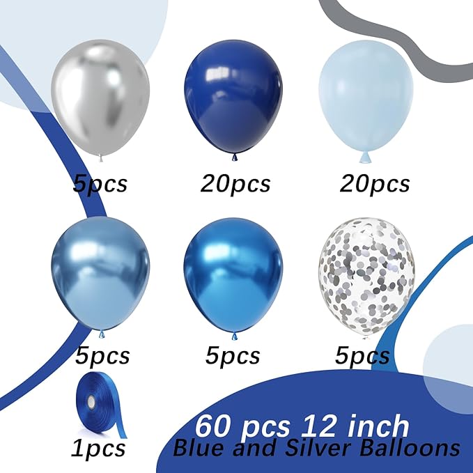 Blue and Silver Latex Balloons, 60pcs 12 Inches Metallic Navy Blue Silver Confetti Balloons with 1 Ribbon for Graduation, Birthday, Baby Shower Party Decorations
