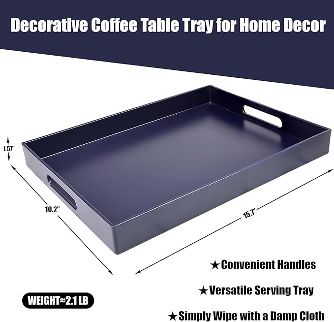Navy Blue Serving Tray for Coffee Table, Rectangular Plastic Decorative Tray with Handles for Entertaining, Outdoor Patio, Living Room, Ottoman, Bathroom Counter, 11.8”*15.7”*1.6”