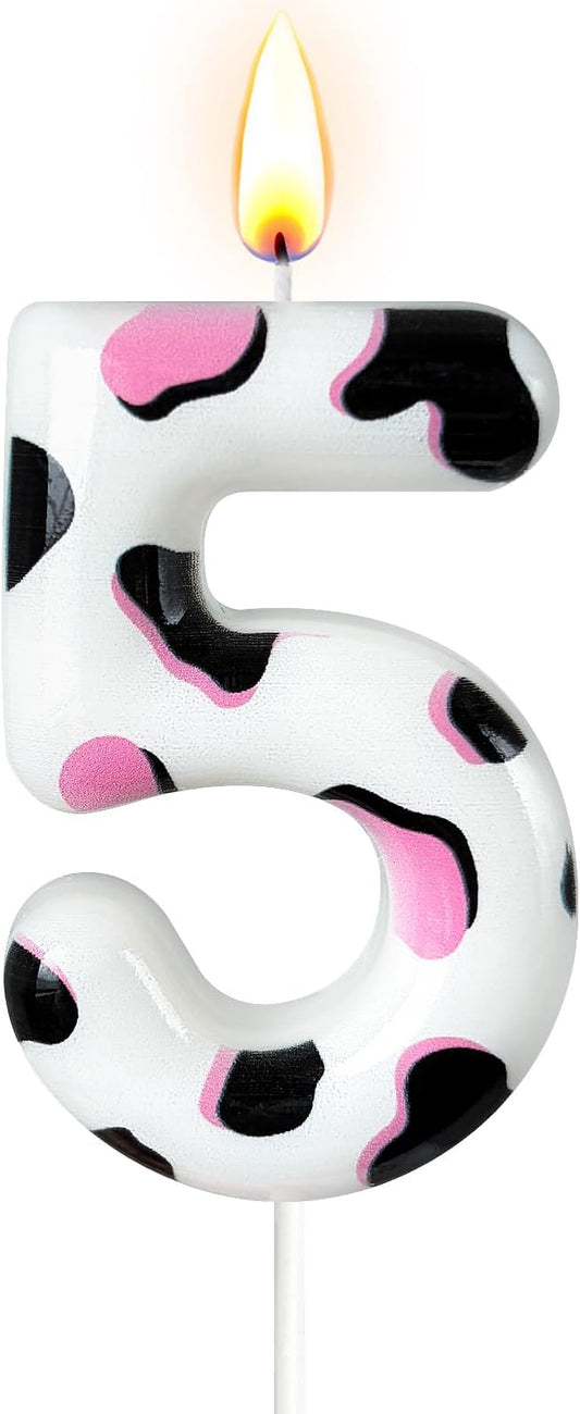 Number 5 Birthday Candle for Cake – Cow Print Design in White Black Pink – Farm Theme & Cowgirl Party Cake Topper Decoration