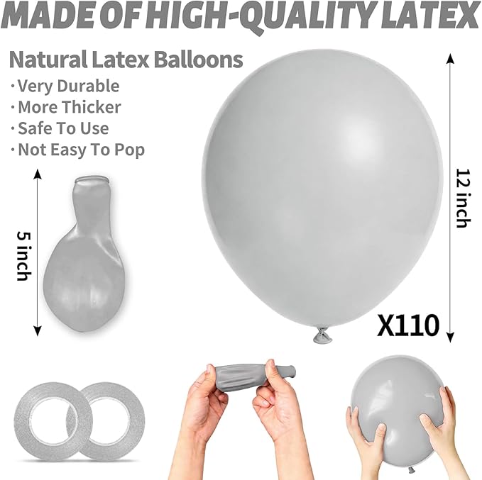 110pcs Grey Balloon 12 inch, Grey Latex Balloons for Birthday Party Baby Shower Wedding(with 2 Ribbons).
