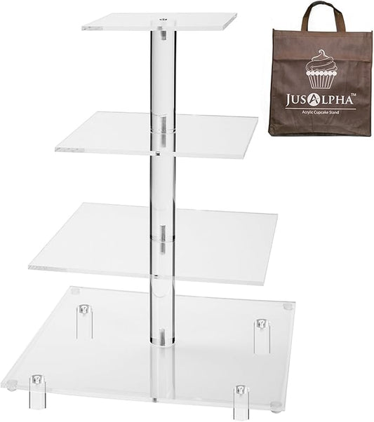Jusalpha® Large 4 Tier Square Acrylic Cupcake Tower Stand for Dessert, Pastry, Serving Platter-Candy Bar Party Décor and Supply (Tall version)