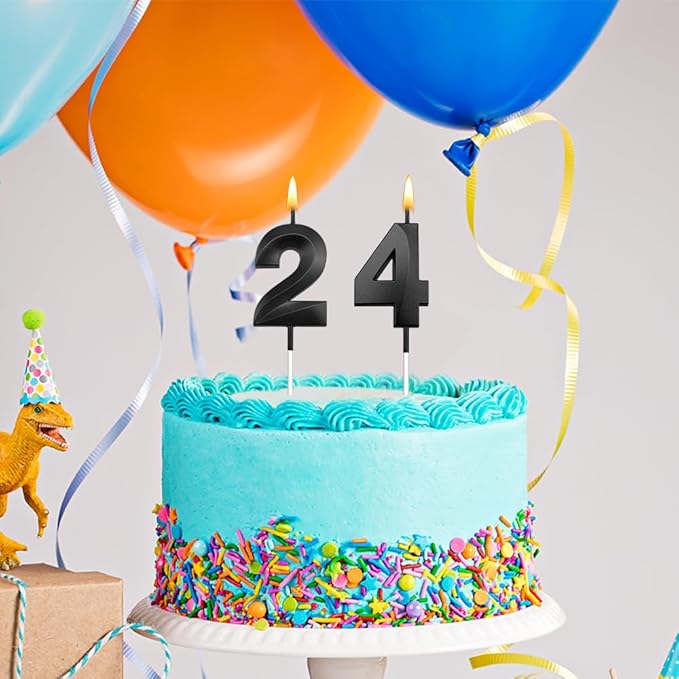 24th Birthday Candles 24 Candles for 24th Birthday Decorations for Boys Happy 24 Birthday Cake Topper Black Birthday Candles Black Number Candles (24)