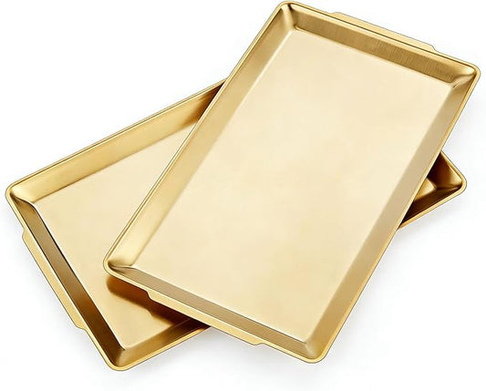 15.8" x 9.5" Large Serving Platters Set of 2, Stainless Steel Heavy-Duty Large Serving Trays, Gold Rectangular Plates for Food, Fruit, Party, Wedding, Christmas, Chip and Scratch Resistant