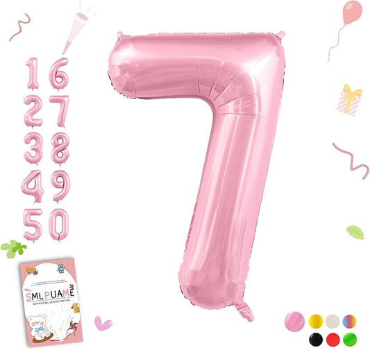 Pastel Pink 7 Balloons, 40 Inch Large Light Pink Foil Number Balloons 0-10, Self-Sealing 7th Birthday Balloon for Girls Women Anniversary Baby Shower Princess Party Decorations Supplies
