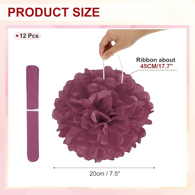 PATIKIL 8inch Tissue Paper Pom Poms, 12PCS Pom Poms Paper Flowers Ball Tissue Paper Flowers for Wedding Bridal Shower Birthday Bachelorette Party Backdrop Decoration, Wine Red