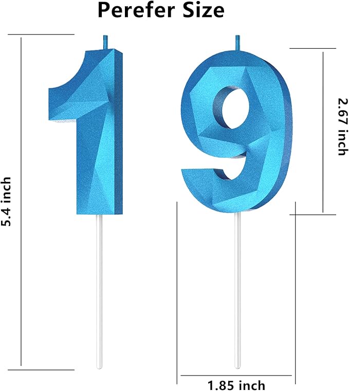 Number Birthday Candles(19 Candle Blue) 3D Diamond Shape Number Happy Birthday Cake Candles for Birthday Party Wedding Decoration Reunions Theme Party