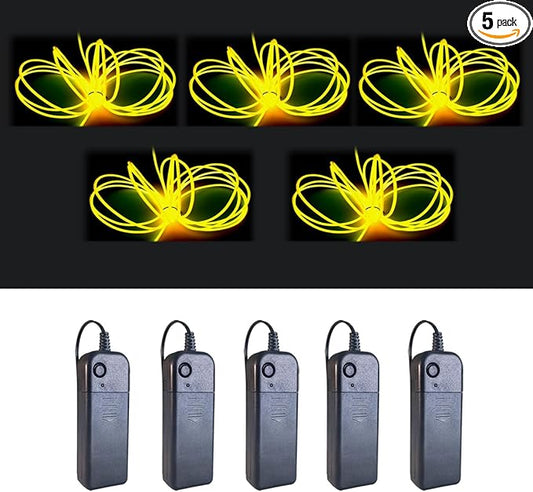 MaxLax EL Wire Yellow 5-Pack, 9ft/2.75m Neon Light Wire with Noise Reduction and Battery Pack…