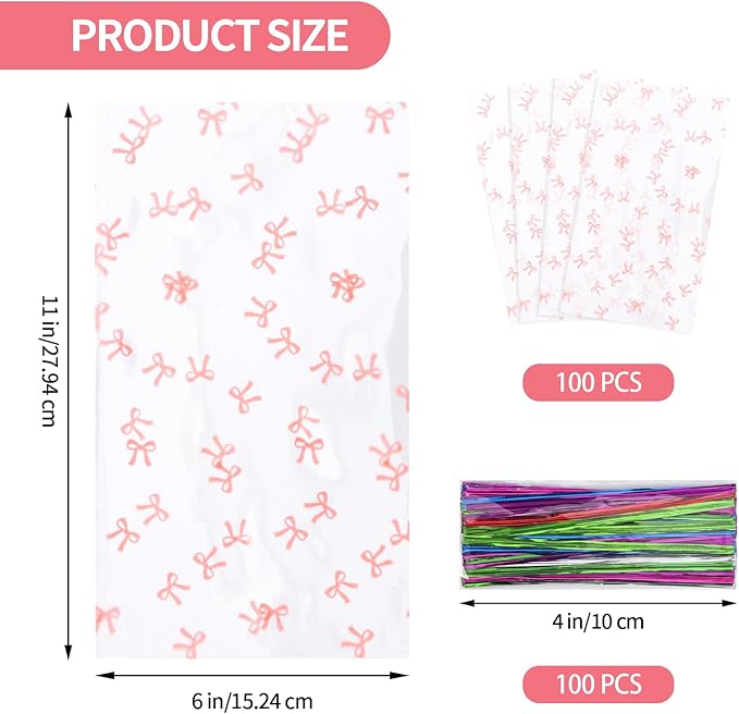 Docvania Cello Cellophane Treat Bags Pink Bow Candy Bags 100 pcs 6 X 11 Goodie Gift Bag with Twist Ties for Baby Shower,Valentine's Day Birthday Parties and Weddings