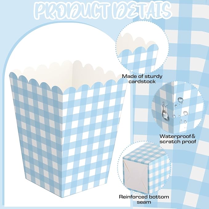 Gueevin 100 Pcs Blue Gingham Popcorn Boxes with Scalloped Mini Popcorn Boxes Small Gingham Blue Party Favor Bulk for Movie Night Decorations Bridal Baby Shower Party Supplies
