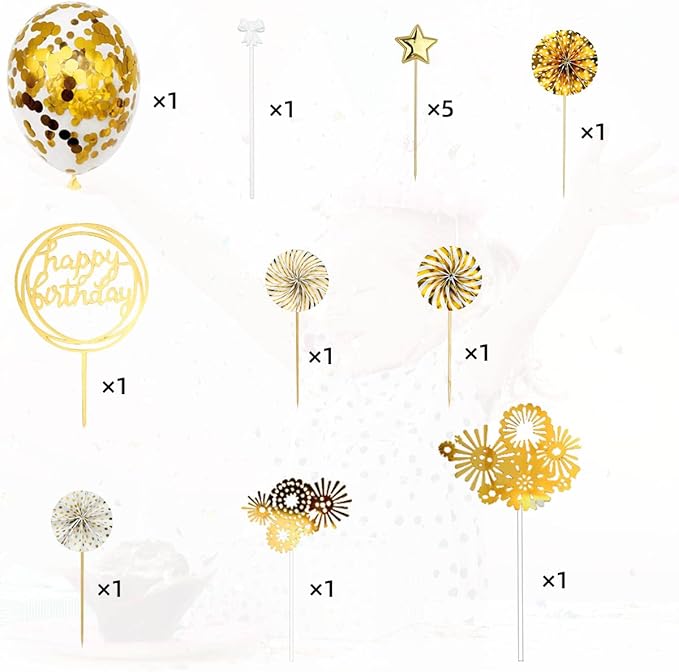 Cake Topper Decoration Set Acrylic Glitter Happy Birthday Cake Topper with Confetti Balloon Paper Fans Stars Firework Cupcake Toppers for Gold Theme Decor Girl Women Birthday Party Supplies (Gold)