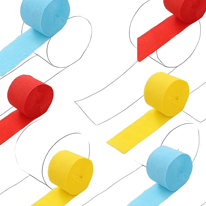 Red Yellow Blue Crepe Paper Streamers,Party Streamers for Sports Events,Birthday Party,Graduation Decorations, 6 Rolls（82 Feet Long x 1.77 Inch）