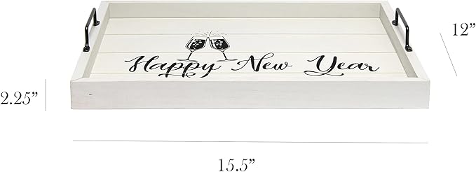 Elegant Designs HG2000-GNY Champagne Toast Decorative Wood Serving Tray w/Handles, 15.50" x 12", Light Gray Happy New Year