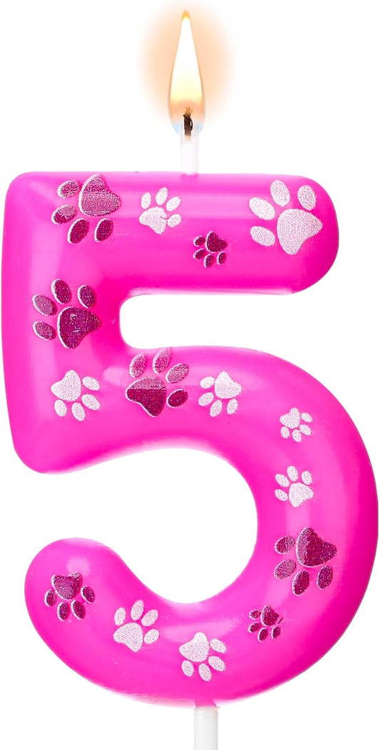 Conelist Number 5 Dog Paw Birthday Candles Toppers Candles Rose Red, Pink, Purple Numeral Birthday Cake Topper for 5 Year Old Boy Girl Paw Birth Day Decoration Pet Party Supplies