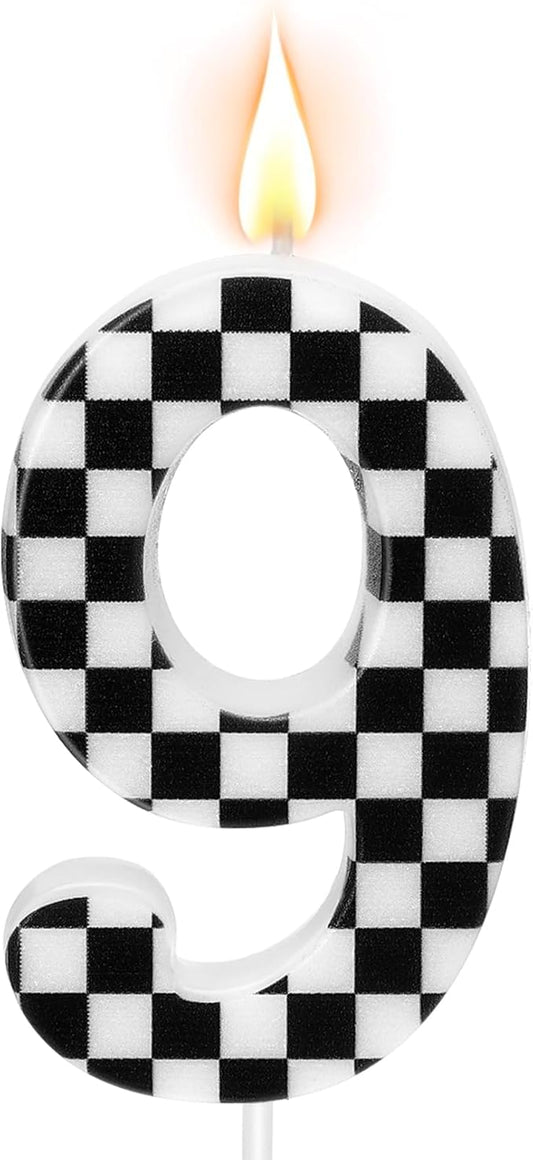 Racing Car Themed Birthday Candles, Number 9 Checkered Candles, Black & White Checkered Cake Decoration, Car Cake Topper for Party Decoration Theme Party Supplies