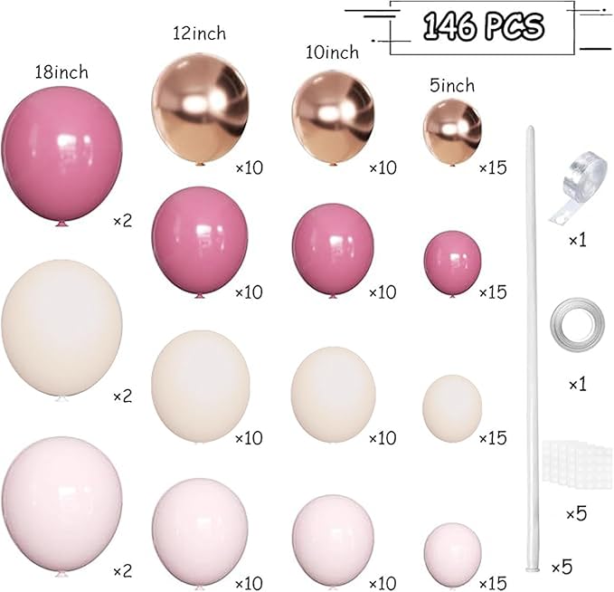 MEBAY Retro Rose Baby Pink Champagne White Sand Balloons Garland Arch Kit, 146Pcs Latex Balloons Different Sizes 18 12 10 5 Inch for Party Decorations, Wedding Backdrop, Birthday, Graduation