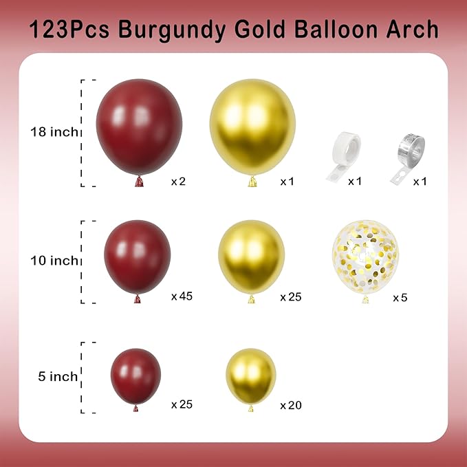 Burgundy Gold Balloons Arch Garland Kit-123Pcs Metallic Confetti Balloons for Birthdays, Anniversaries, New Years, Engagements, Weddings & Retirement Party