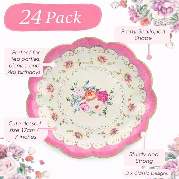 Talking Tables 24 x 7" Vintage Floral Paper Plates for Mothers Day, Tea Party, Scalloped Floral Disposable Plates for Garden Party, Birthday, Bridal Shower, Bachelorette Tableware