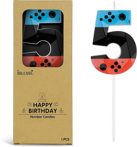 Number 5 Level Birthday Candles, 2.68 inch Gamer Candles, Red Blue Birthday Candles, Game Controller Gamepad Candles,Video Game Controller Themed Kids Boy Girl Party Supplies