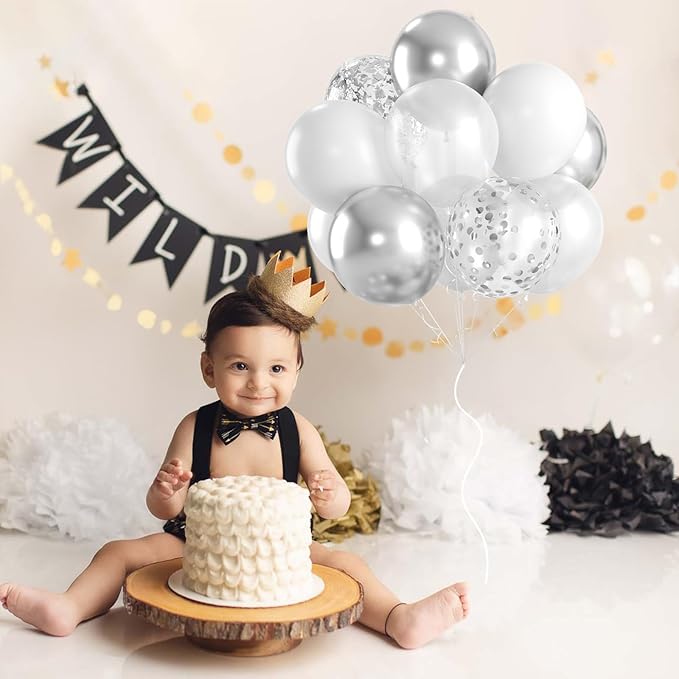 White and Silver Balloons Set, 60 PCS Chrome Confetti Metallic Balloons, Globos Plateados Metalicos for Wedding, Graduation, Birthday Decorations