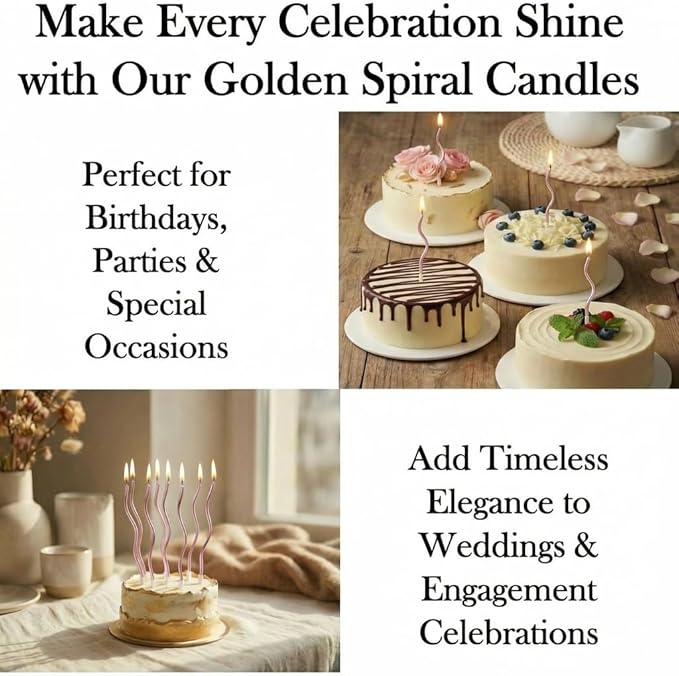 12-Count Spiral Birthday Candles, Long Twisty Party Candles with Candle Holders, Long Burning for Weddings, Birthdays, Party Decorations, Cupcakes, Anniversary and Meetups (Rose Gold)