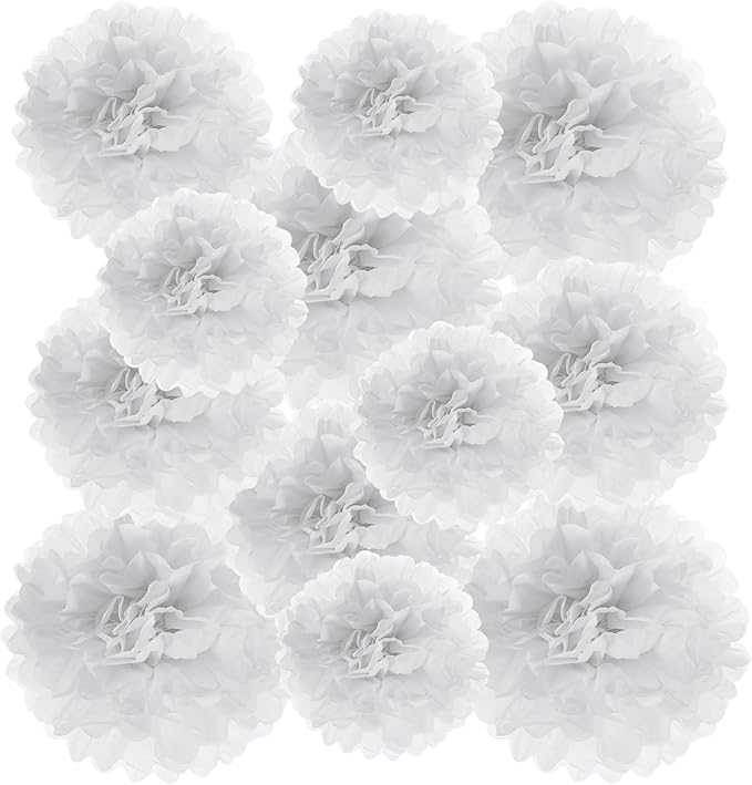 PATIKIL 8" 10" 12" Tissue Paper Pom Poms, 12PCS Pom Poms Paper Flowers Ball Tissue Paper Flowers Assorted Size for Wedding Bridal Shower Birthday Party Backdrop Decoration, White