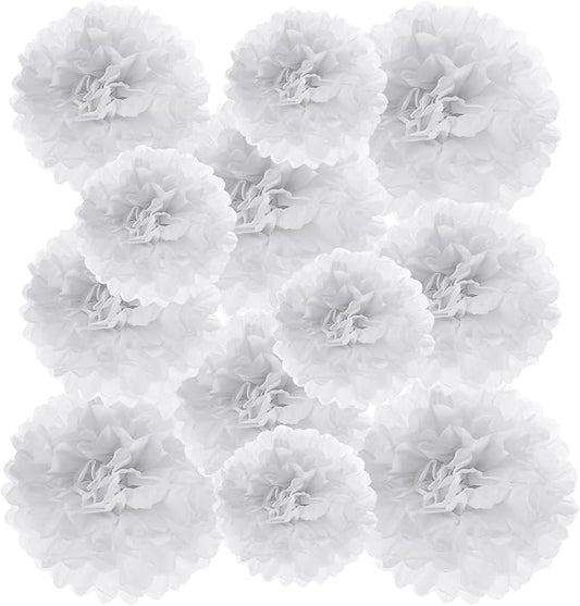 PATIKIL 8" 10" 12" Tissue Paper Pom Poms, 12PCS Pom Poms Paper Flowers Ball Tissue Paper Flowers Assorted Size for Wedding Bridal Shower Birthday Party Backdrop Decoration, White