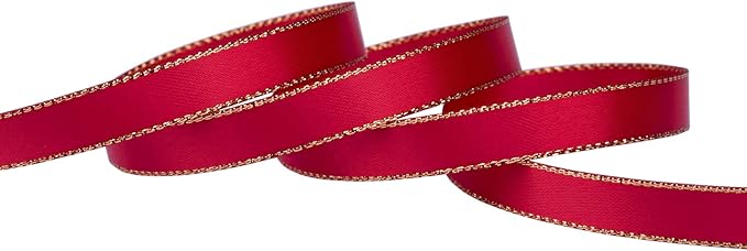 3/8" Double Face Satin Ribbon with Gold Edge 25 Yards (250-Red), Set for Gift Wrapping, Party Decor, Wedding and Craft