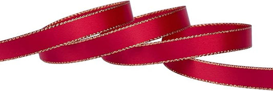 3/8" Double Face Satin Ribbon with Gold Edge 25 Yards (250-Red), Set for Gift Wrapping, Party Decor, Wedding and Craft