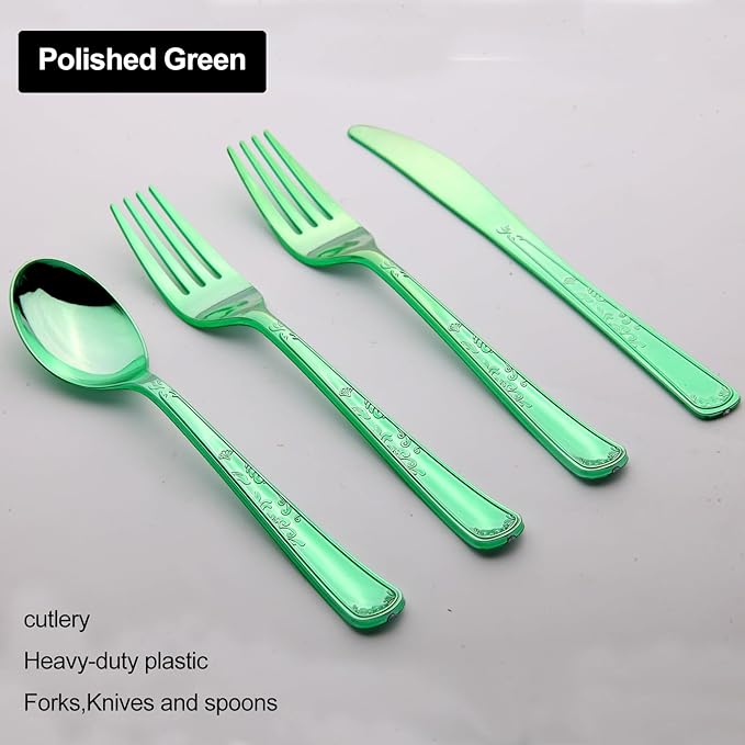 180 Pack Disposable Green Plastic Silverware Contain 60 Forks,60 Spoons,60 Knives, Solid and Durable Plastic Cutlery Utensils Set Perfect for Parties,weddings.