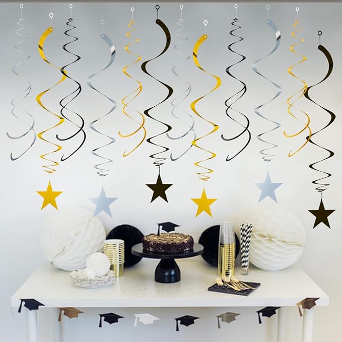 GAKA Black Gold and Silver Foil Hanging Ceiling Swirls Garland,Star Swirl Streamer Decorations for Birthday,Anniversary,Graduation Party Supplies(24Pcs)