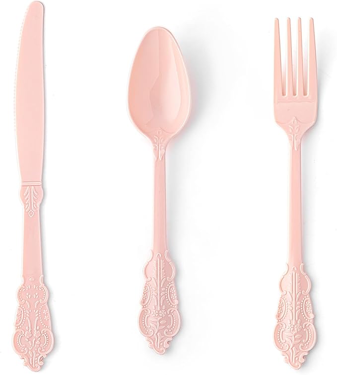 150PCS Heavy Duty Pink Plastic Silverware, Pink Plastic Cutlery Set, Disposable Flatware Includes 50 Forks, 50 Spoons, 50 Knives for Party, Wedding, Baby Shower, Easter and Mother's Day