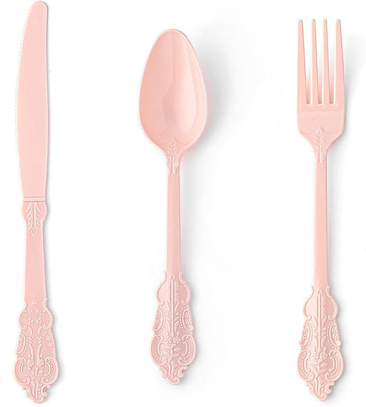 150PCS Heavy Duty Pink Plastic Silverware, Pink Plastic Cutlery Set, Disposable Flatware Includes 50 Forks, 50 Spoons, 50 Knives for Party, Wedding, Baby Shower, Easter and Mother's Day