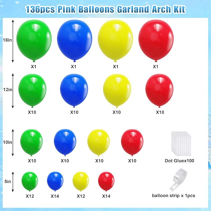 YMSZ Red Blue Green Yellow Balloons, 136pcs Colorful Latex Balloons with Different Size for Birthday, Carnival Circus, Baby Shower Party Decorations