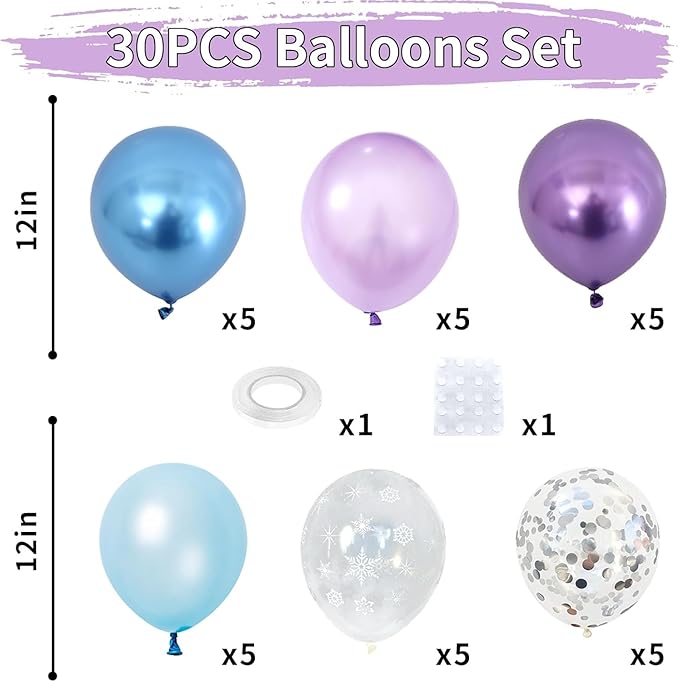 Dagelar Snow Balloons Set, Pearl Purple Blue Metallic Purple Blue Snowflake Latex Balloon with Silver Confetti Balloons for Winter Wonderland Christmas Princess Girl Birthday Baby Shower Party Decor