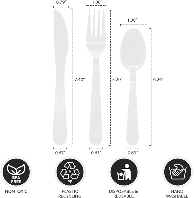 Party Essentials Individually Wrapped Heavy Duty Plastic Utensil Kits, 50 Sets for Party Catering, Fork/Spoon/Knife, White