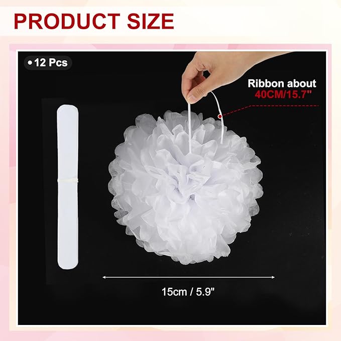 PATIKIL 6inch Tissue Paper Pom Poms, 12PCS Pom Poms Paper Flowers Ball Tissue Paper Flowers for Wedding Bridal Shower Birthday Bachelorette Party Backdrop Decoration, White