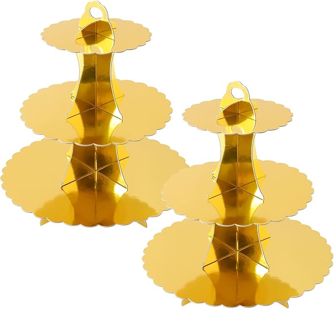 Soleebee 3-Tier Cupcake Stand, Cardboard Cupcake Tower, Dessert Cup Cake Stand Tower for Birthday Wedding Party Decoration, Cupcake Tier Stand 2 Set (Gold)