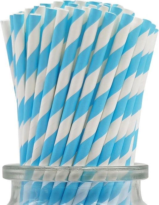 Blue Striped Paper Drinking Straws, 100 Count Blue and White Paper Straw for Cocktail, Disposable Pop Cake Stick for Party Decoration