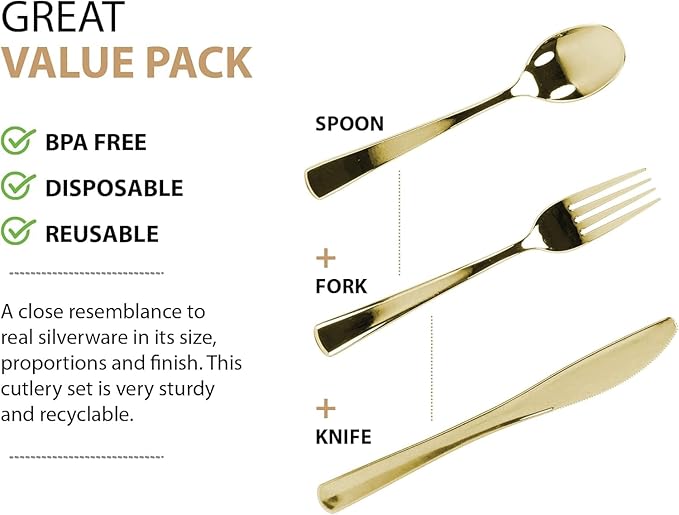 Gold Plastic Silverware Set, 160 Count, Extra Heavy Duty Flatware, Disposable Cutlery Utensils, 80 Forks, 40 Spoons, 40 Knives, Polished Gold, Bulk Pack
