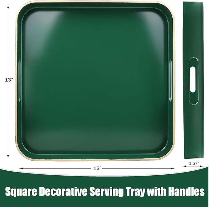 Green Square Decorative Tray with Handles, 13"*13" Versatile Serving Tray for Coffee Table, Ottoman, Ideal for Serving, Displaying, Organizing