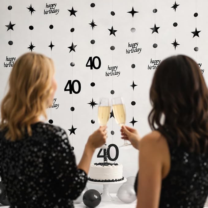 GCQQ Black 40th Birthday Decorations - 14M/46FT Mirror Star Garlands with Happy Birthday Number 40 Hanging Paper Streamer Banner 4 Packs Women Mens Dirty 40 Year Old Backdrop for Him & She