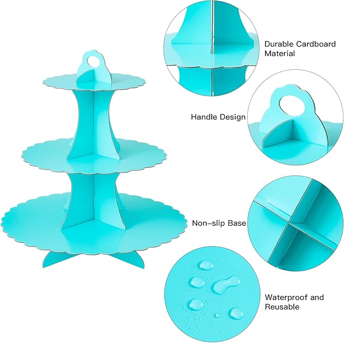 Soleebee 3-Tier Cupcake Stand, Cardboard Cupcake Tower, Dessert Cup Cake Stand Tower for Birthday Wedding Party Decoration, Cupcake Tier Stand 2 Set (Blue)