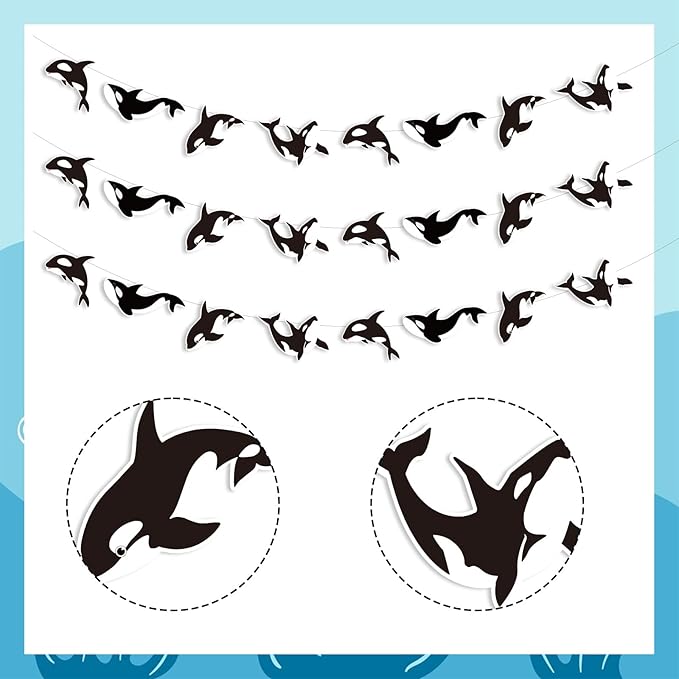 Cheereveal 3 Pack Killer Whale Garlands, Black and White Orca Hanging Banners, Whales Animals Sea Creature Ocean Under The Sea Theme Baby Shower Birthday Party Decoration Supplies