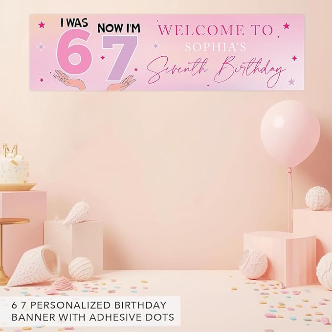 Andaz Press 13x48 Inch Custom 6 7 Birthday Banner Decorations, Personalized Birthday Banner with Custom Name, Pink 67 Happy Birthday Party Banner for Girls, Cute Backdrop for Home or Party Décor