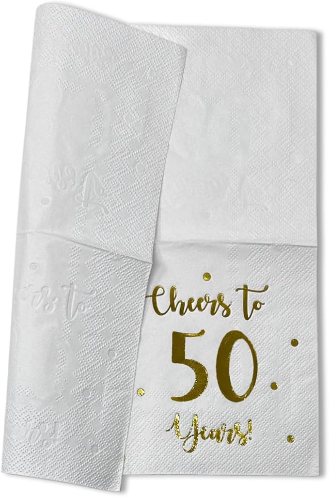 Cheers to 50 Years Cocktail Napkins | Happy 50th Birthday Decorations for Men and Women and Wedding Anniversary Party Decorations | 50-Pack 3-Ply Napkins | 5 x 5 inch folded (White)