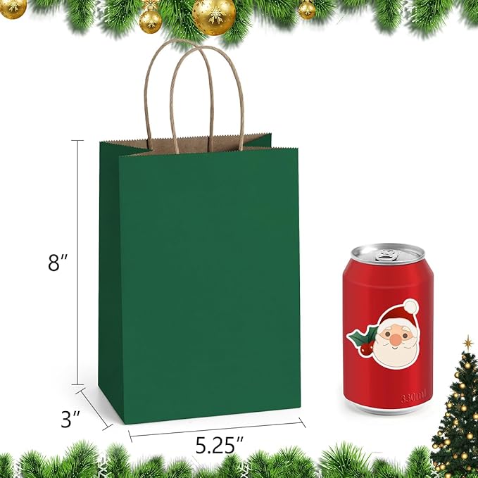 BagDream Forest Green Gift Bags with Handles 5.25x3x8 Inch 25Pcs Small Kraft Paper Gift Bags for Christmas, Thanksgiving, Craft, Outings, Party Favors, Retail, Grocery, Recyclable