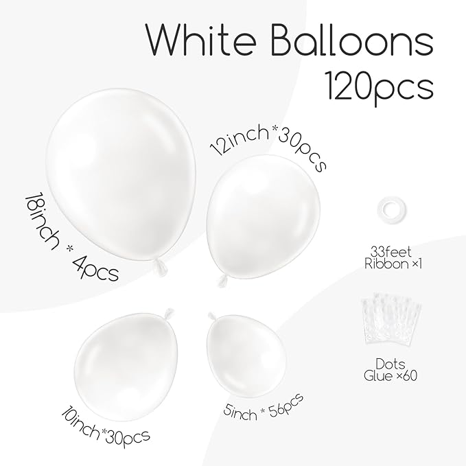 Awenztech 120pcs White Balloon Arch Kit, 18 12 10 5 inch White Latex Balloons Different Sizes Balloon Garland for Engagement Bachelorette Bridal Shower Wedding Party Birthday Decorations