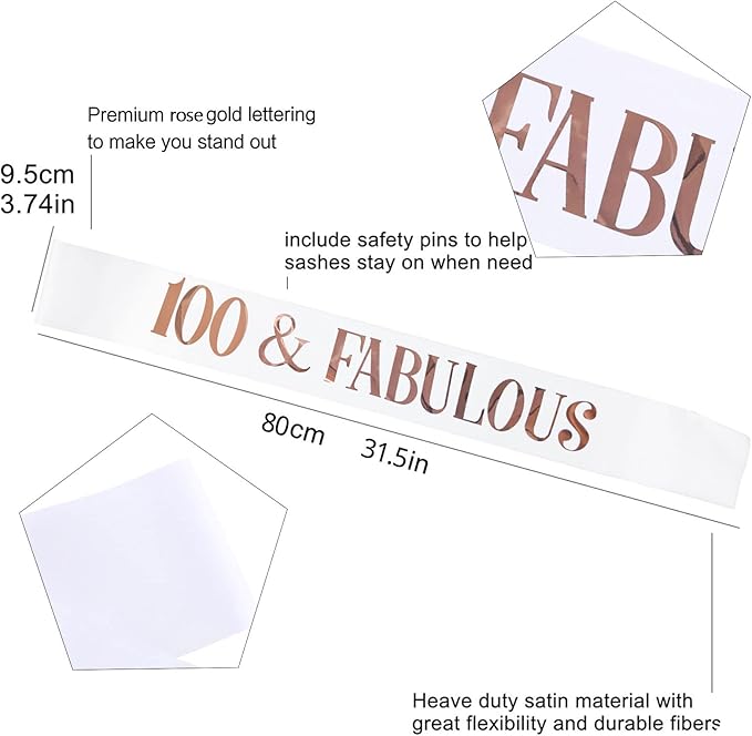 100th Birthday Tiara and Sash Kit - 100 & FABULOUS White Sash and Rose Gold Rhinestone Crown for Women Party Supplies