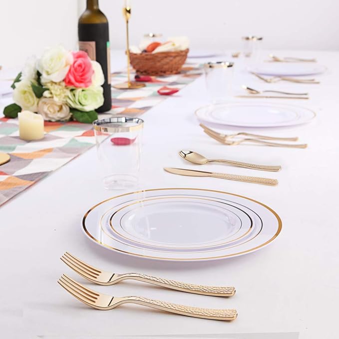 Supernal 360pcs Gold Plastic Silverware Set - Heavy Duty Disposable Cutlery (120 Forks, 120 Spoons, 120 Knives) - Elegant Hammered Finish, Premium Plastic Flatware for Weddings, Parties & Catering
