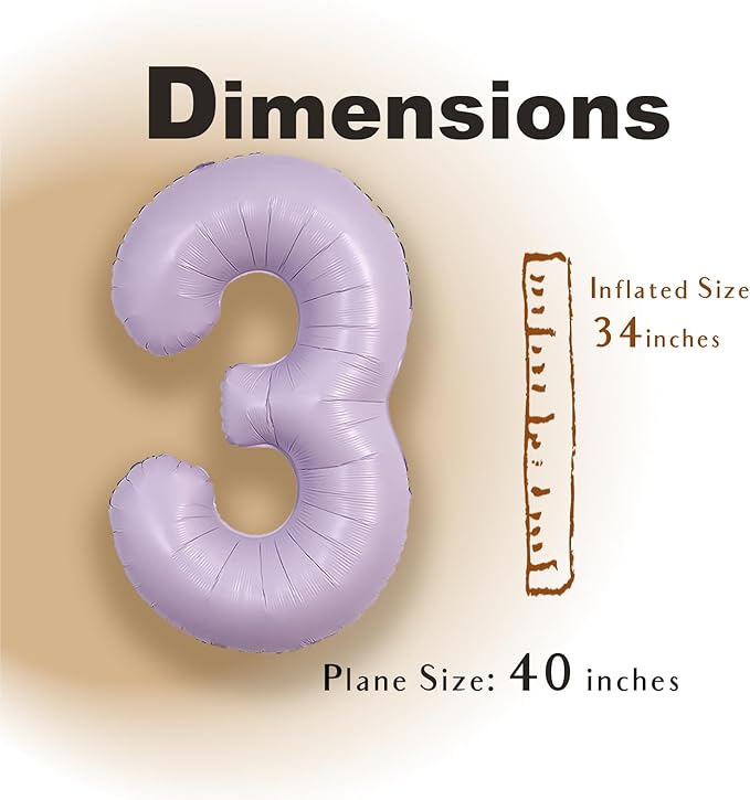 SUWEN 40 Inch Light Purple Large 3 Balloon Number Big Foil Helium Lavender Number Balloons Huge Mylar 0-9 Giant Jumbo Happy 3rd Birthday Party Anniversary Decorations